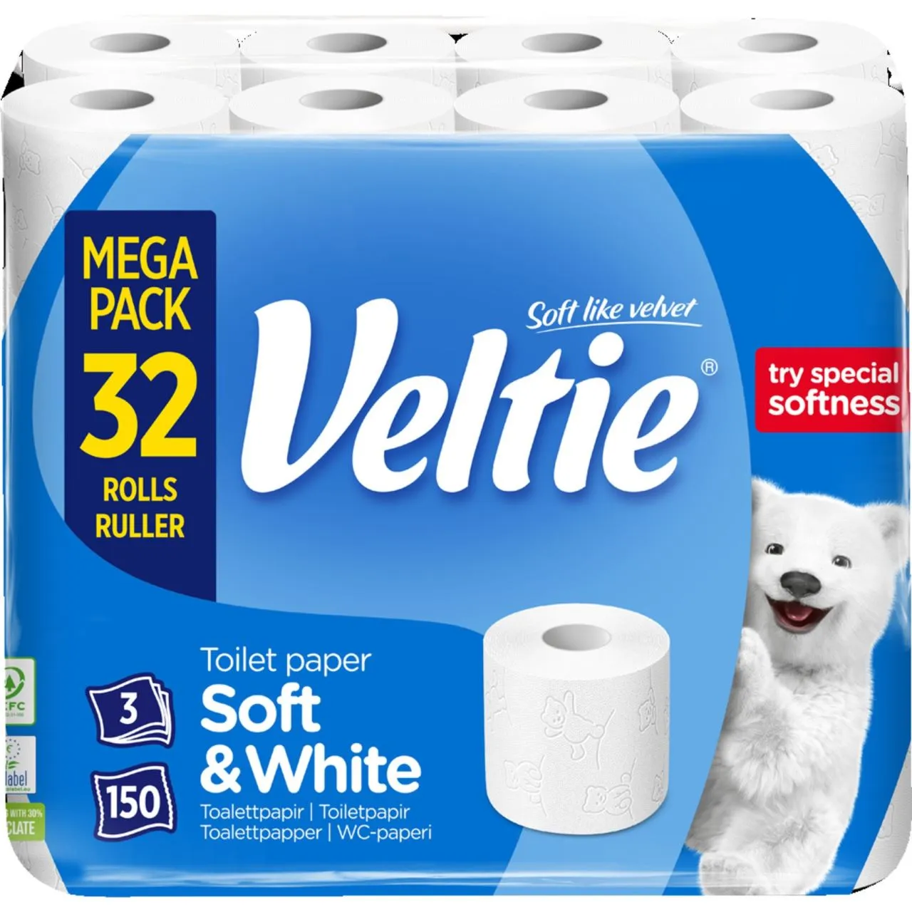 Veltie Toilet Paper Soft & White 32 Rolls 3ply